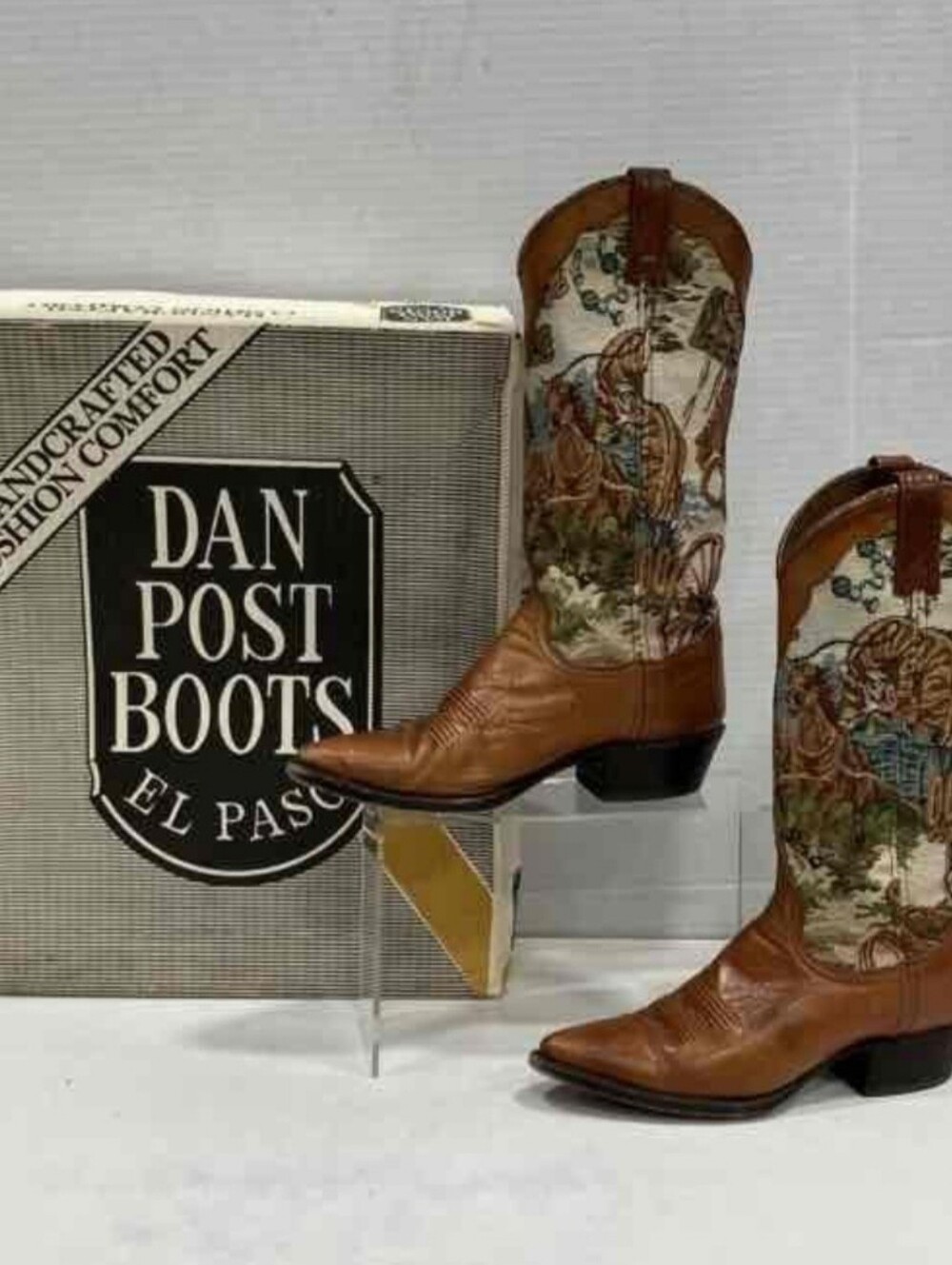 Dan Post Brown Leather Cowboy Boots with Embroidered Scenic Shaft. Size 6M